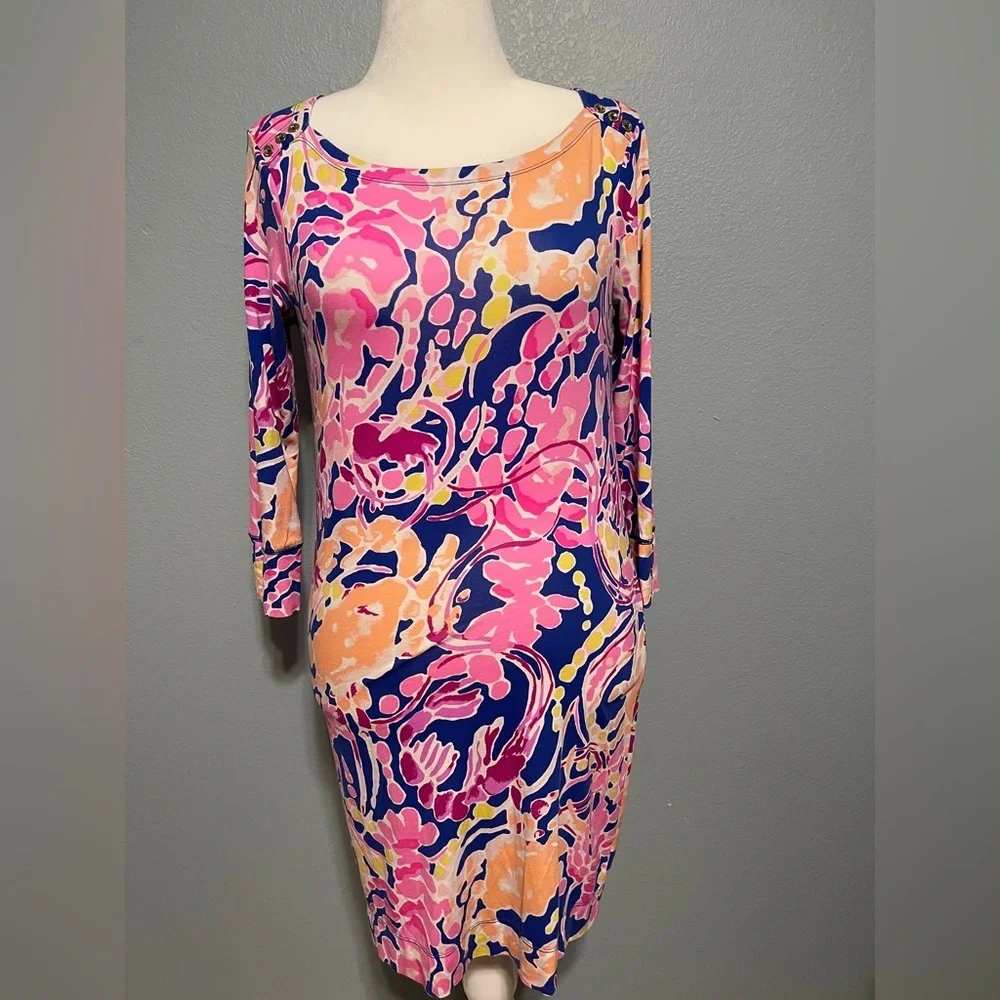 Lilly Pulitzer Pink Blue Printed Sheath Dress Long Sleeve Stretch Preppy Medium - Picture 3 of 11